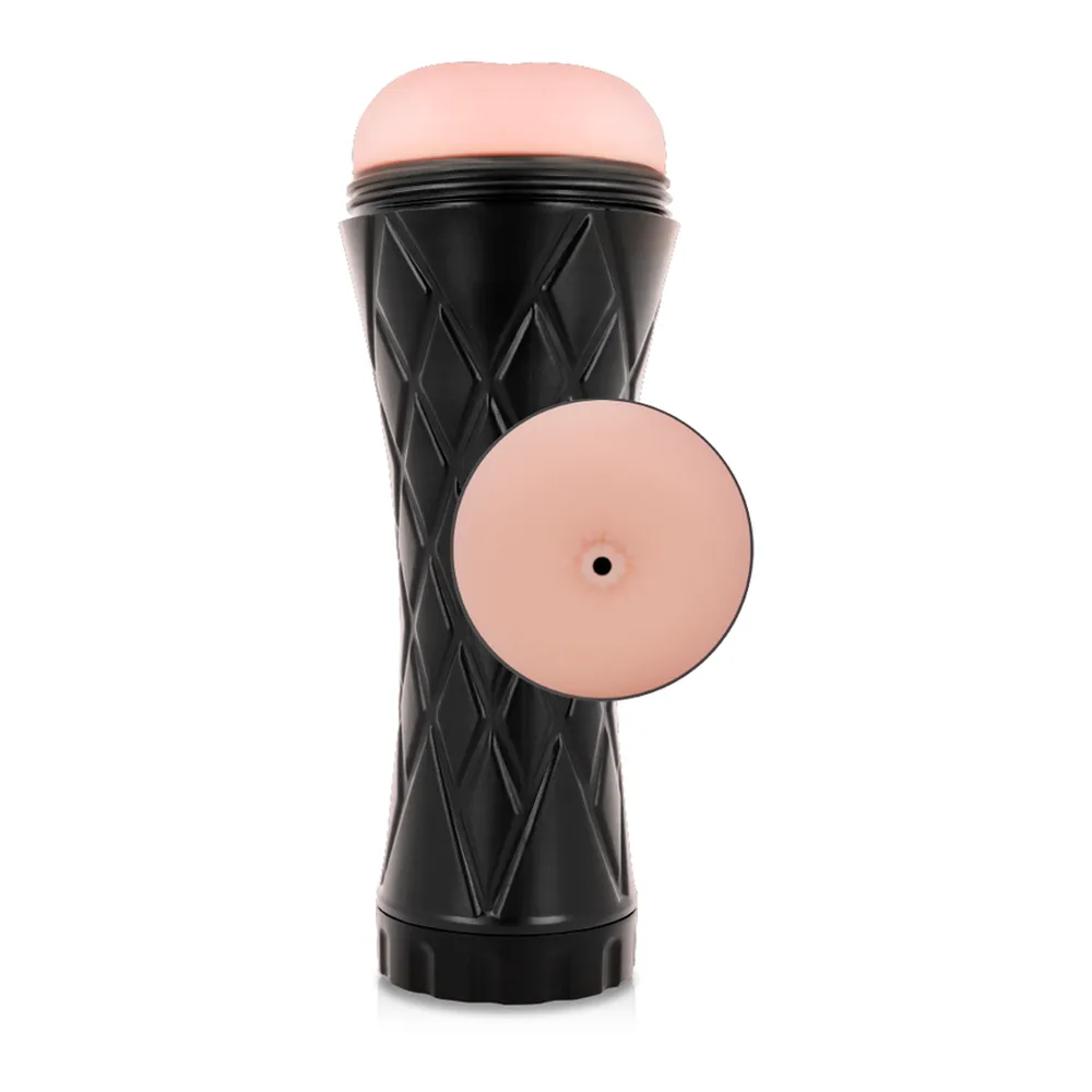 Masturbateur cylindrique avec manchon rose pêche amovible à relief et base noire, vue de profil sur fond blanc