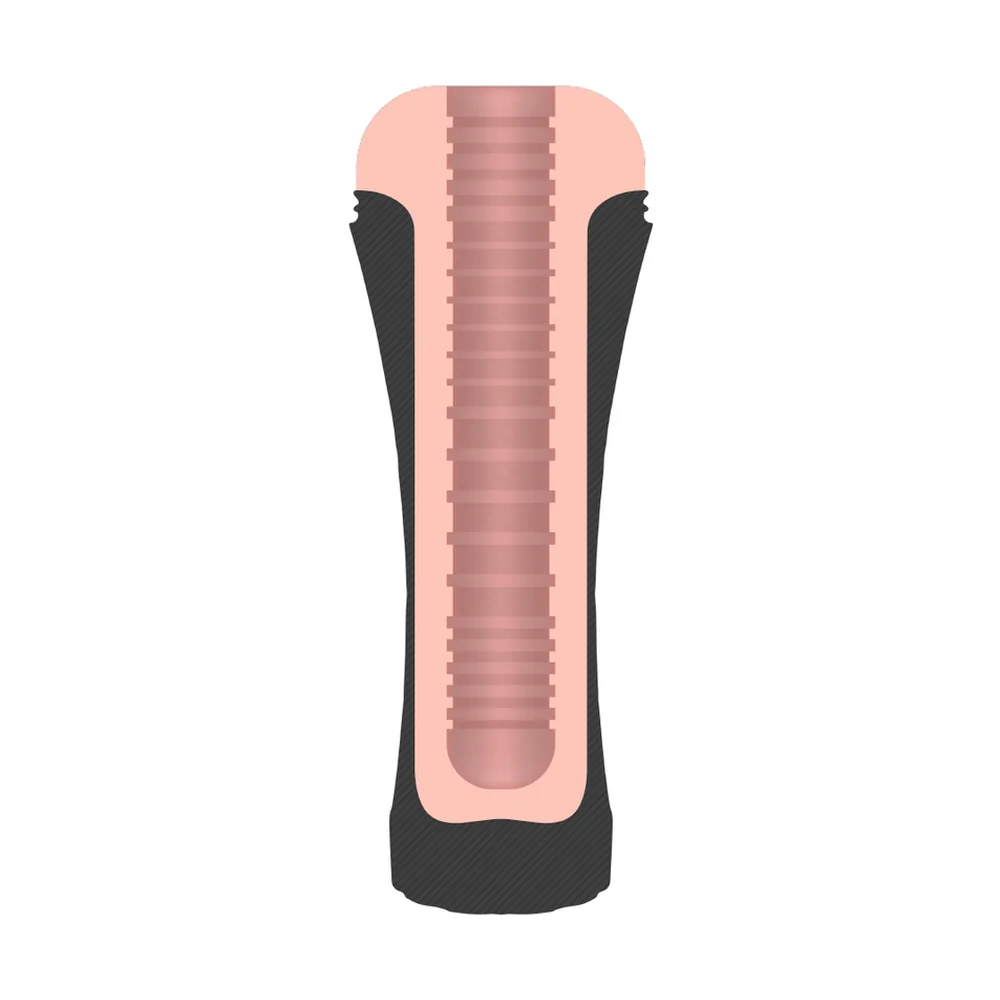 Masturbateur cylindrique noir avec dome rose et détail de l'orifice, manchon texturé amovible, présenté à côté d'une personne sur fond blanc