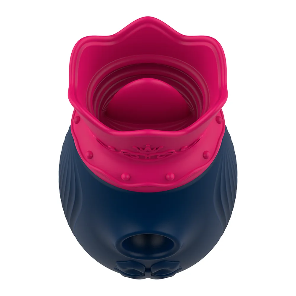 Stimulateur clitoridien Intense en silicone bleu marine et rose fuchsia, présenté avec son emballage blanc. L'appareil ovale présente un embout ondulé rose et des motifs en relief. Affichage des 10 modes de succion et 10 modes de léchage