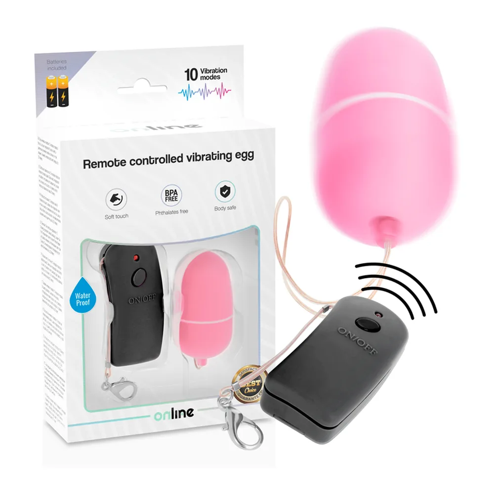 Œuf vibrant rose en silicone avec télécommande noire sans fil et cordon de transport beige, symboles de transmission affichés sur l'œuf