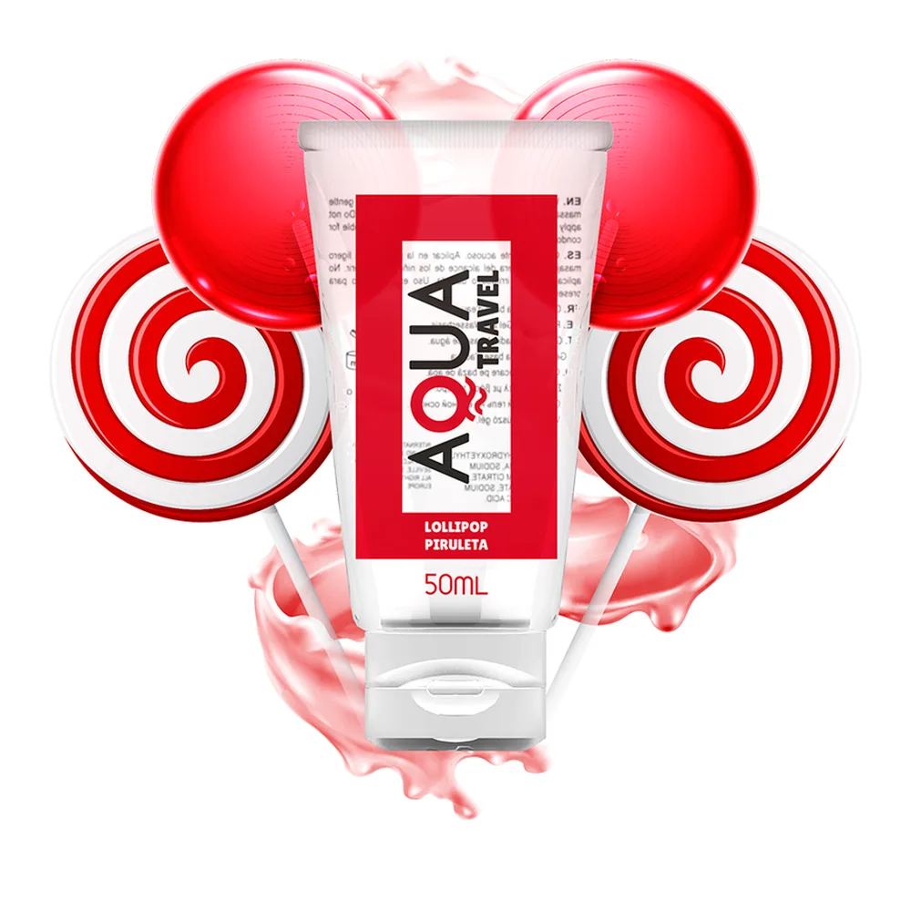 Tube blanc de lubrifiant comestible 50 mL saveur sucette bonbon rouge et blanc, entouré d'éléments graphiques de sucettes spiralées rouges et blanches sur fond blanc