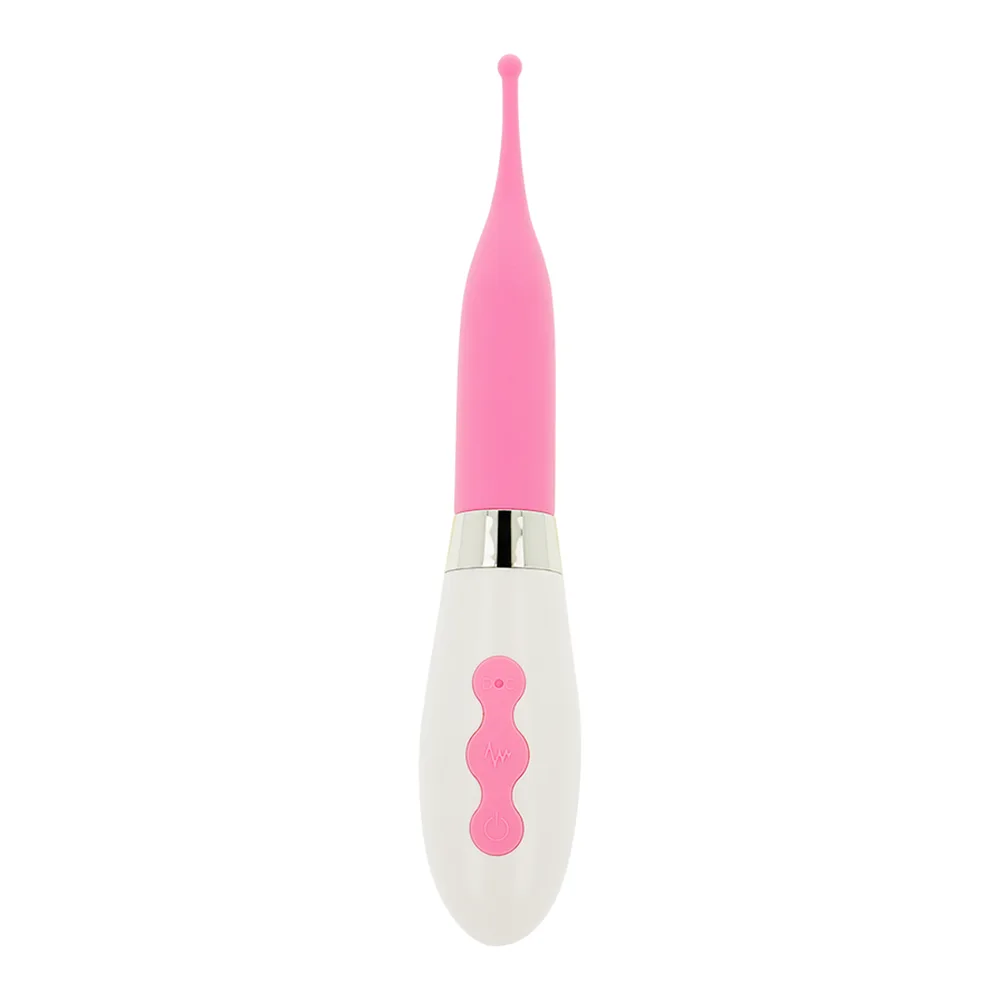 Stimulateur clitoridien rose et blanc avec pointe fine effilée, manche blanc ergonomique orné d'un motif rose, anneau chromé argenté à la jonction, sur fond blanc
