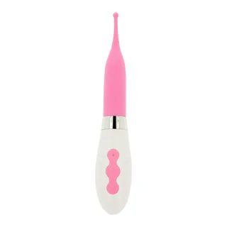 Stimulateur clitoridien rose et blanc avec pointe fine effilée, manche blanc ergonomique orné d'un motif rose, anneau chromé argenté à la jonction, sur fond blanc