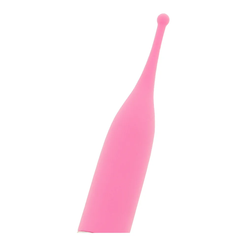 Stimulateur clitoridien rose et blanc avec pointe fine effilée, manche blanc ergonomique orné d'un motif rose, anneau chromé argenté à la jonction, sur fond blanc