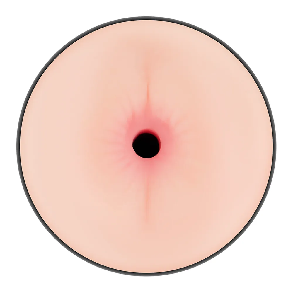 Masturbateur cylindrique noir à texture granuleuse avec deux embouts rose pâle opposés, manchon extractible et bouchons aux extrémités