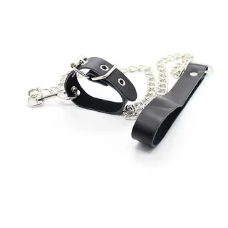 Collier et bracelet de cuir noir avec chaîne métal, autre vue 2