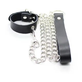Collier et bracelet de cuir noir avec chaîne métal, autre vue 3