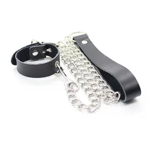 Collier et bracelet de cuir noir avec chaîne métal, autre vue 4