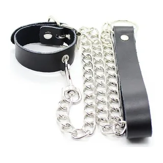 Collier et bracelet de cuir noir avec chaîne métal, autre vue 5