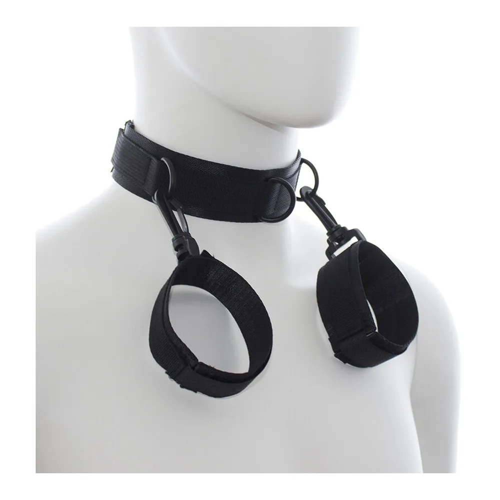 Trois colliers de retenue en nylon noir avec velcro, disposés horizontalement : le premier avec trois anneaux en D, le deuxième avec boucle de fermeture, le troisième avec fermoir à clip métallique
