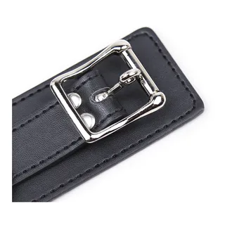 Collier ras-de-cou en cuir avec anneau et laisse posé sur un drap sombre