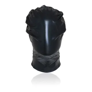 Bâillon noir en tissu extensible formant une cagoule intégrale avec ouvertures froncées au sommet, ceinture de maintien à la base, fond blanc