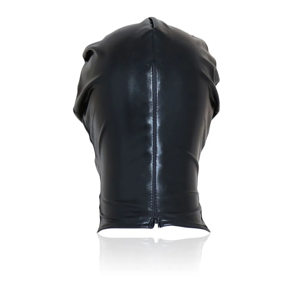 Bâillon noir en tissu extensible formant une cagoule intégrale avec ouvertures froncées au sommet, ceinture de maintien à la base, fond blanc