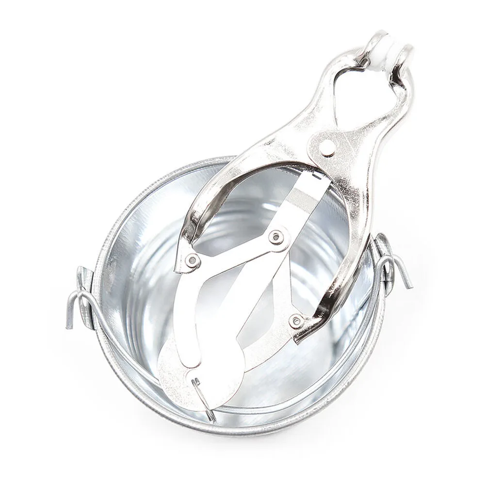 Pinces à tétons avec seaux métalliques transparents, vues de face et profil, lanières d'attache en métal argenté et noir, récipients cylindriques en verre dépoli