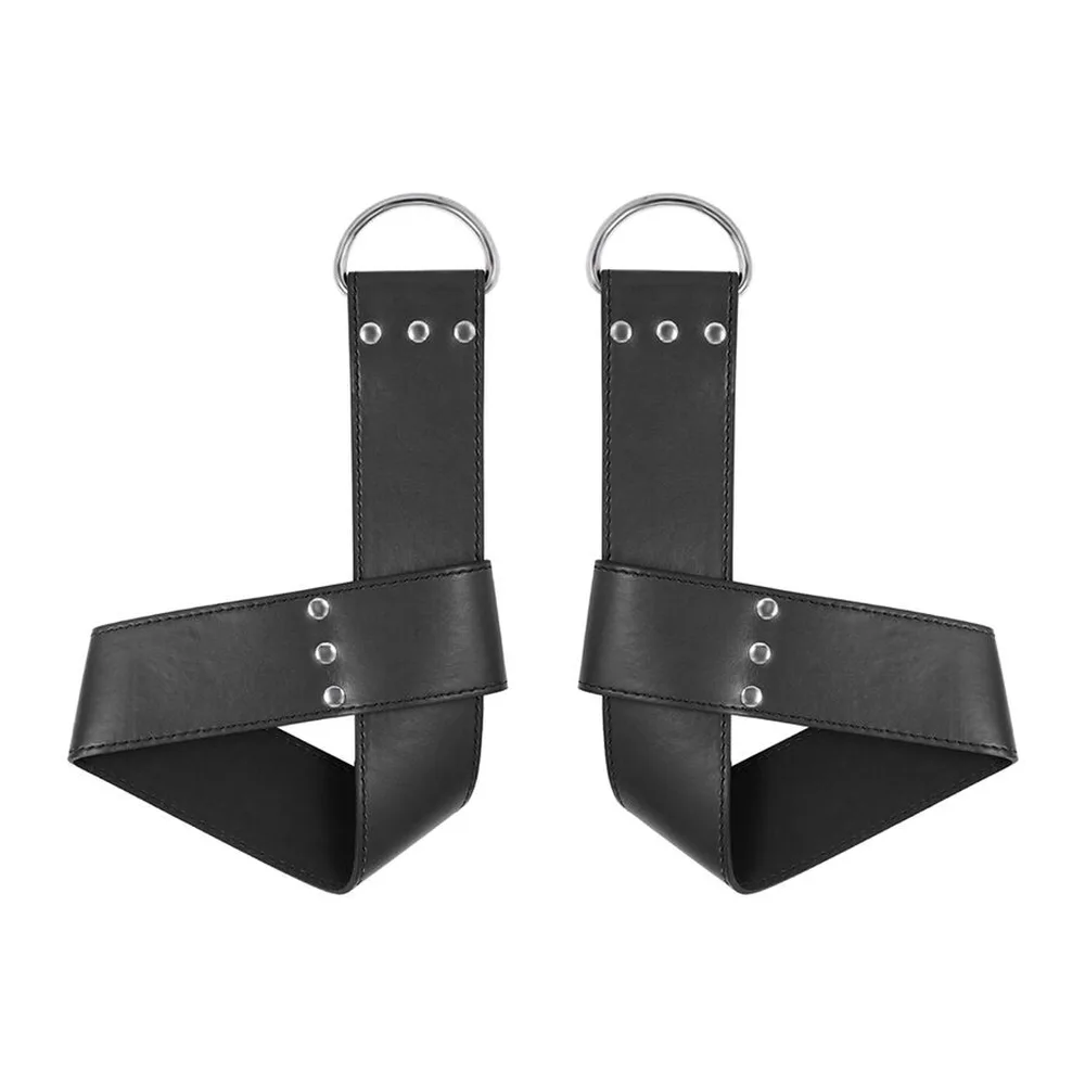 Paire de manchettes de suspension en cuir noir avec boucles larges, anneaux métalliques en haut et rivets argent, vue de face montrant les deux poignets