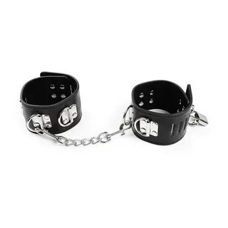 Retenues chevilles cuir noir, fermoirs métalliques ajustables, autre vue 2