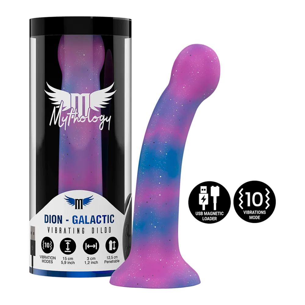 Gode vibrant Dion Galactic en silicone avec dégradé rose, violet et bleu à effet galaxie pailleté, base ventouse, présenté hors de son emballage noir et à côté de sa boîte