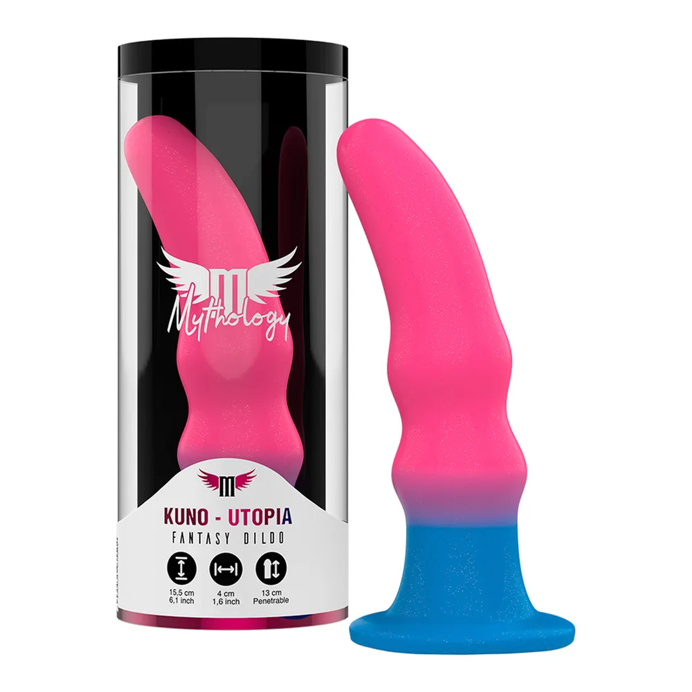 Gode ergonomique bicolore rose et bleu en silicone, aux formes ondulées, tenu dans une main sur fond blanc