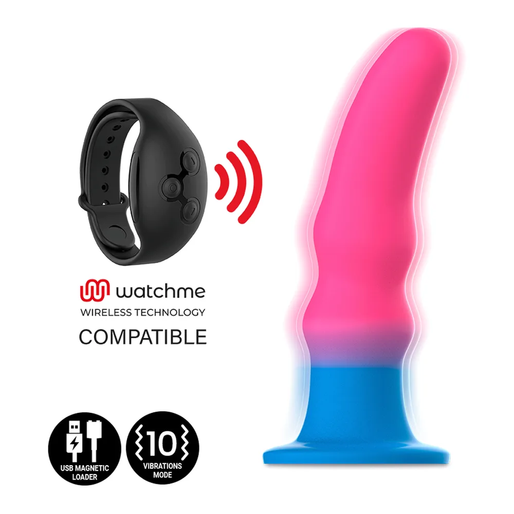 Gode vibrant rose et bleu avec base ventouse, accompagné d'une télécommande noire sans fil compatible WatchMe, affichant 10 modes de vibration et charge USB magnétique