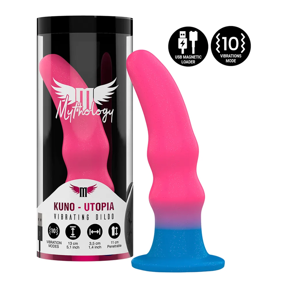 Gode vibrant rose et bleu avec base ventouse, accompagné d'une télécommande noire sans fil compatible WatchMe, affichant 10 modes de vibration et charge USB magnétique