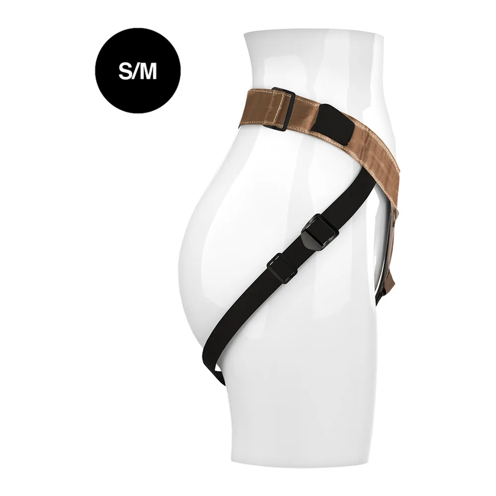 Harnais de fantaisie irisé à bandes holographiques et détails noirs, porté sur mannequin blanc, taille S/M indiquée en haut à gauche