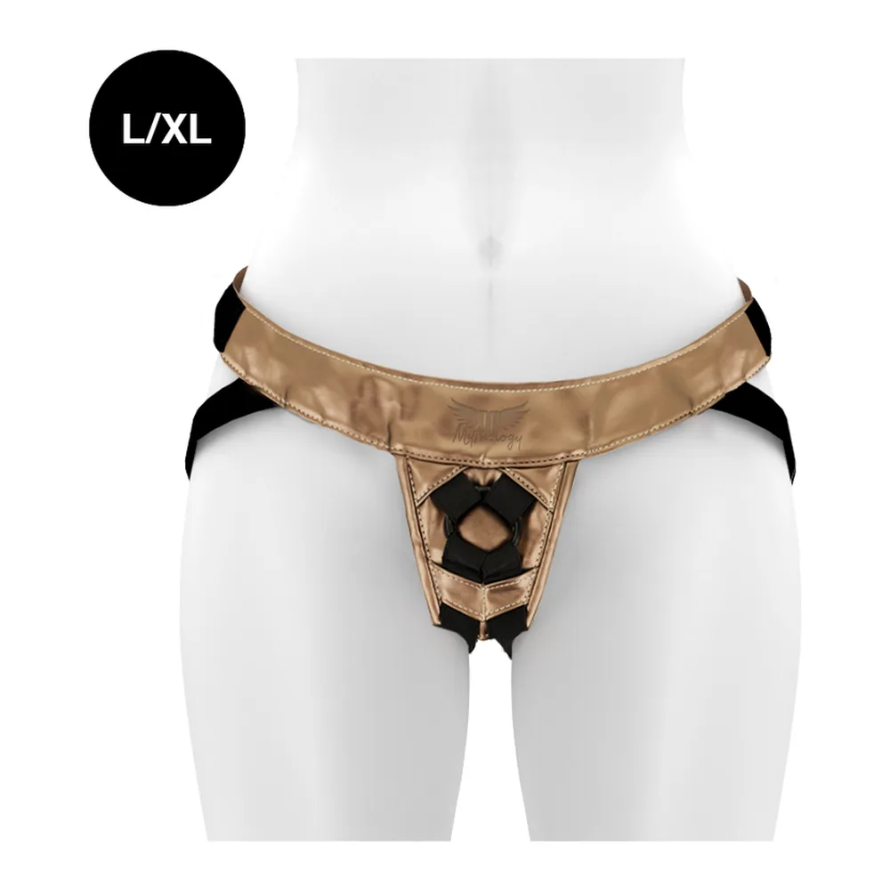 Harnais irisé avec ceinture large translucide à motif holographique, bandes noires aux cuisses et anneau central noir, taille L/XL, présenté sur mannequin