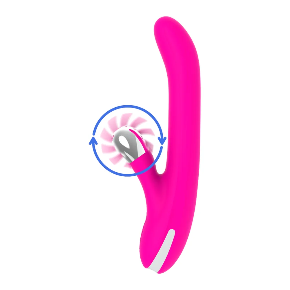 Vibromasseur rabbit rose fluo avec tête ovale rose vif, perles rotatives à la base, stimulateur clitoridien ailé magenta, bande bleue de maintien et détails texturés