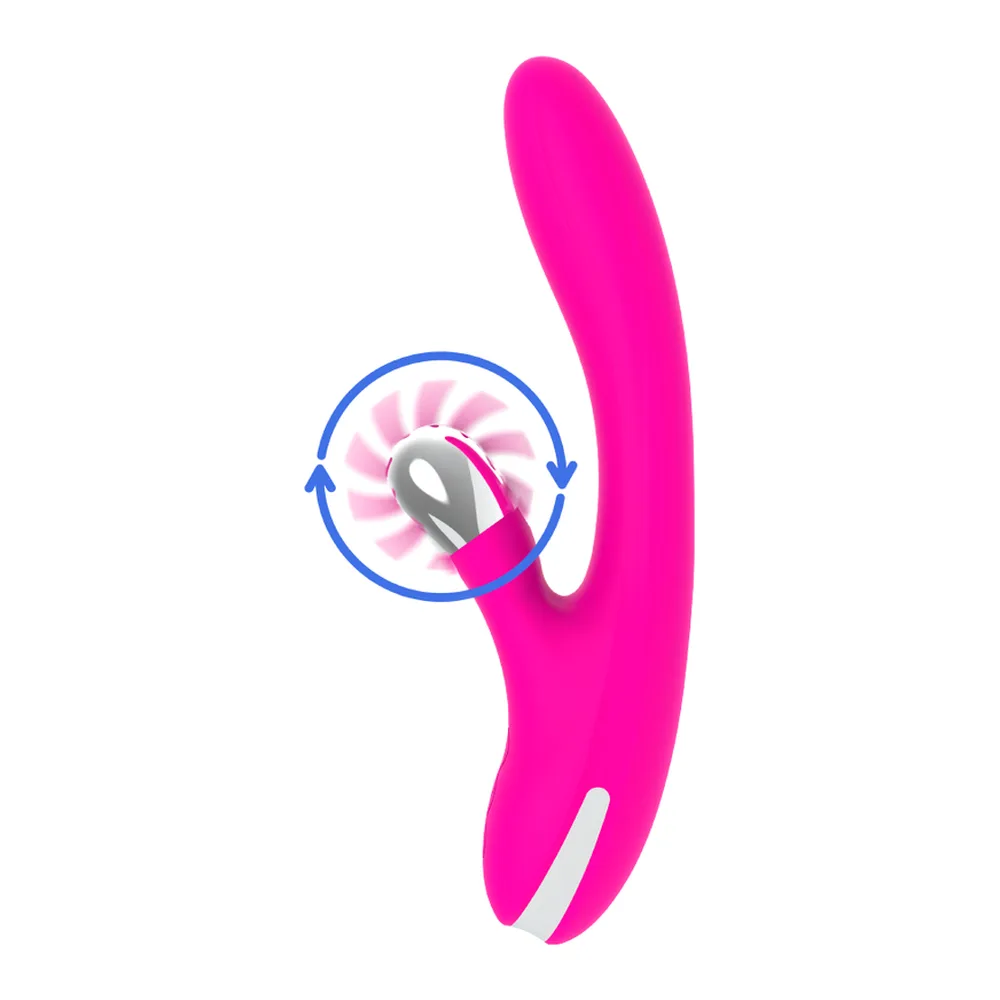 Vibromasseur rabbit rose fuchsia avec tige ondulante, clitoridien blanc, schéma montrant la fonction de rotation du stimulateur clitoridien