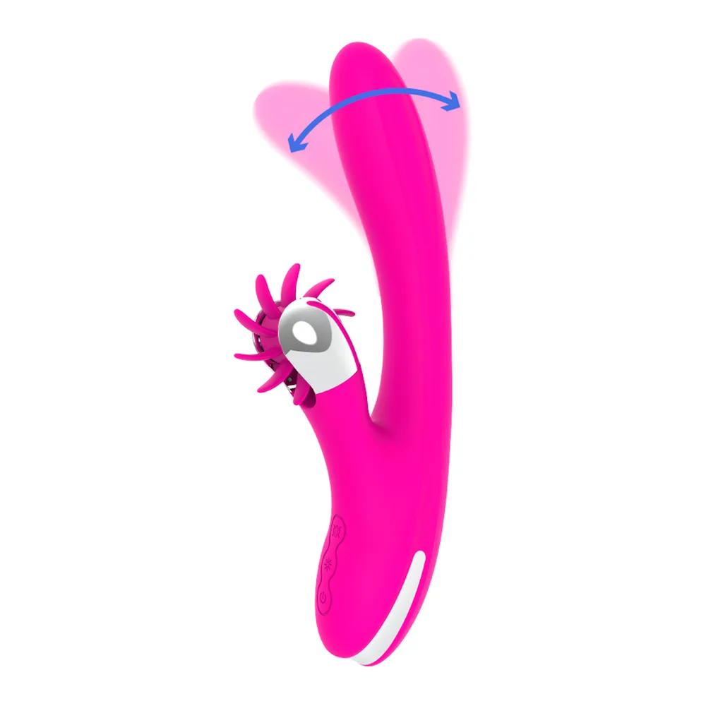 Vibromasseur rabbit rose fuchsia avec tige ondulante, clitoridien blanc, schéma montrant la fonction de rotation du stimulateur clitoridien
