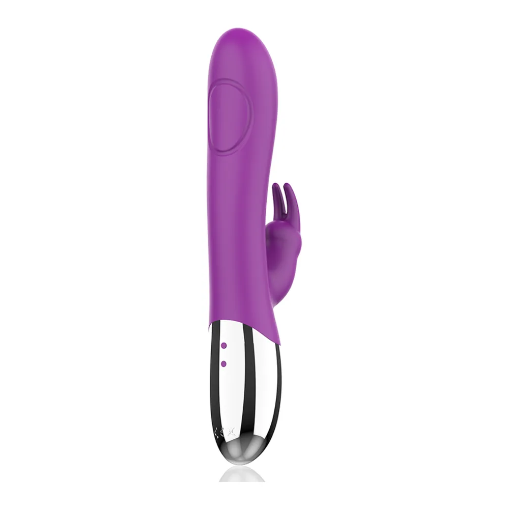 Stimulateur clitoridien en silicone violet avec bras à deux pointes et corps insérable blanc et noir, sur fond blanc