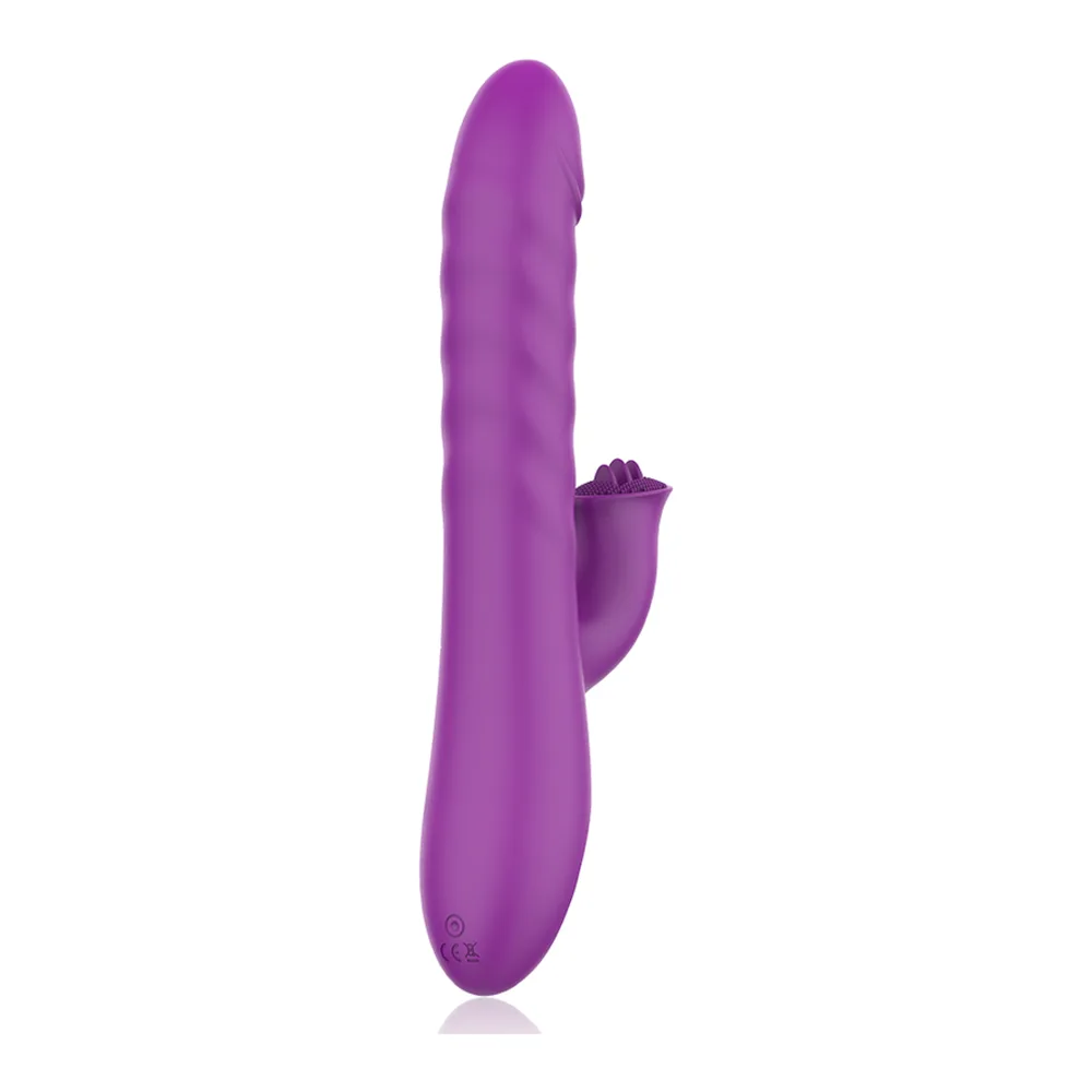 Vibromasseur rabbit en silicone violet avec tige lisse, bras clitoridien articulé et perles rotatives à la base, sur fond blanc