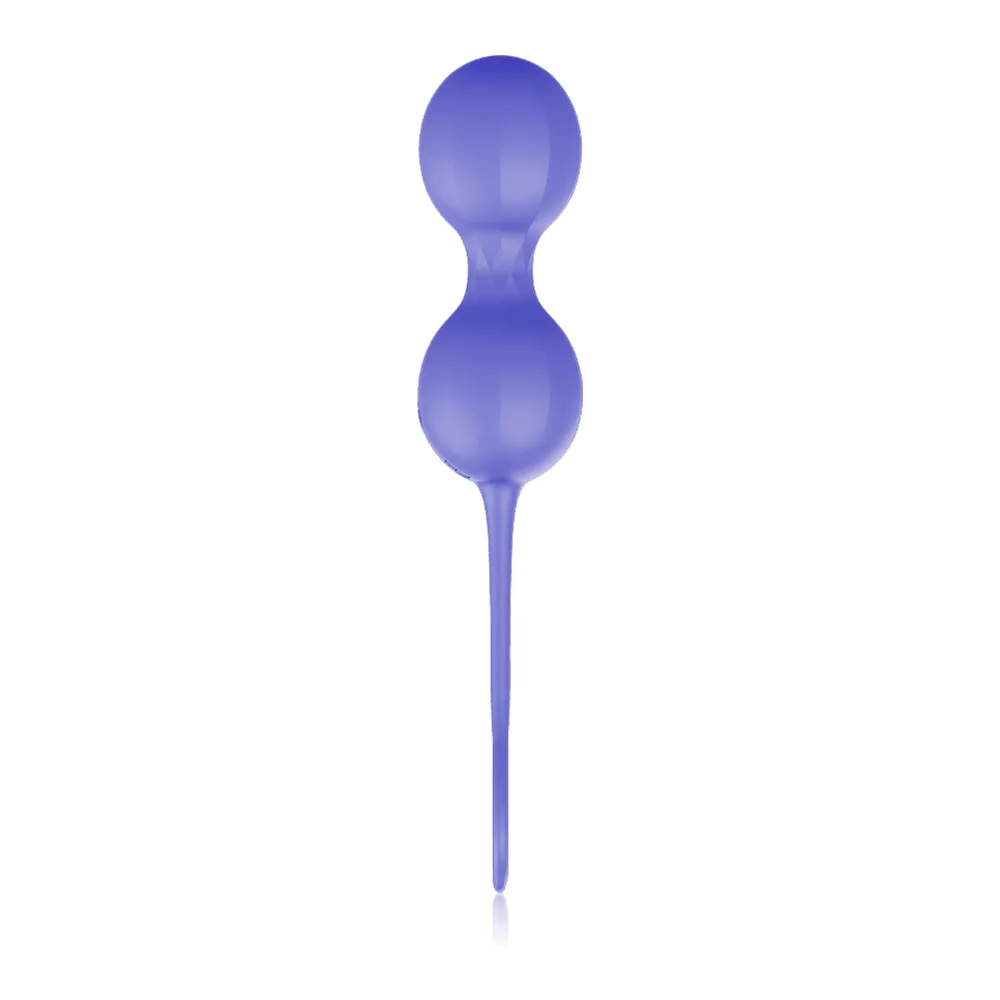 Boules de Geisha en silicone bleu violet, avec deux sphères lisses reliées par une tige mince, sur fond blanc