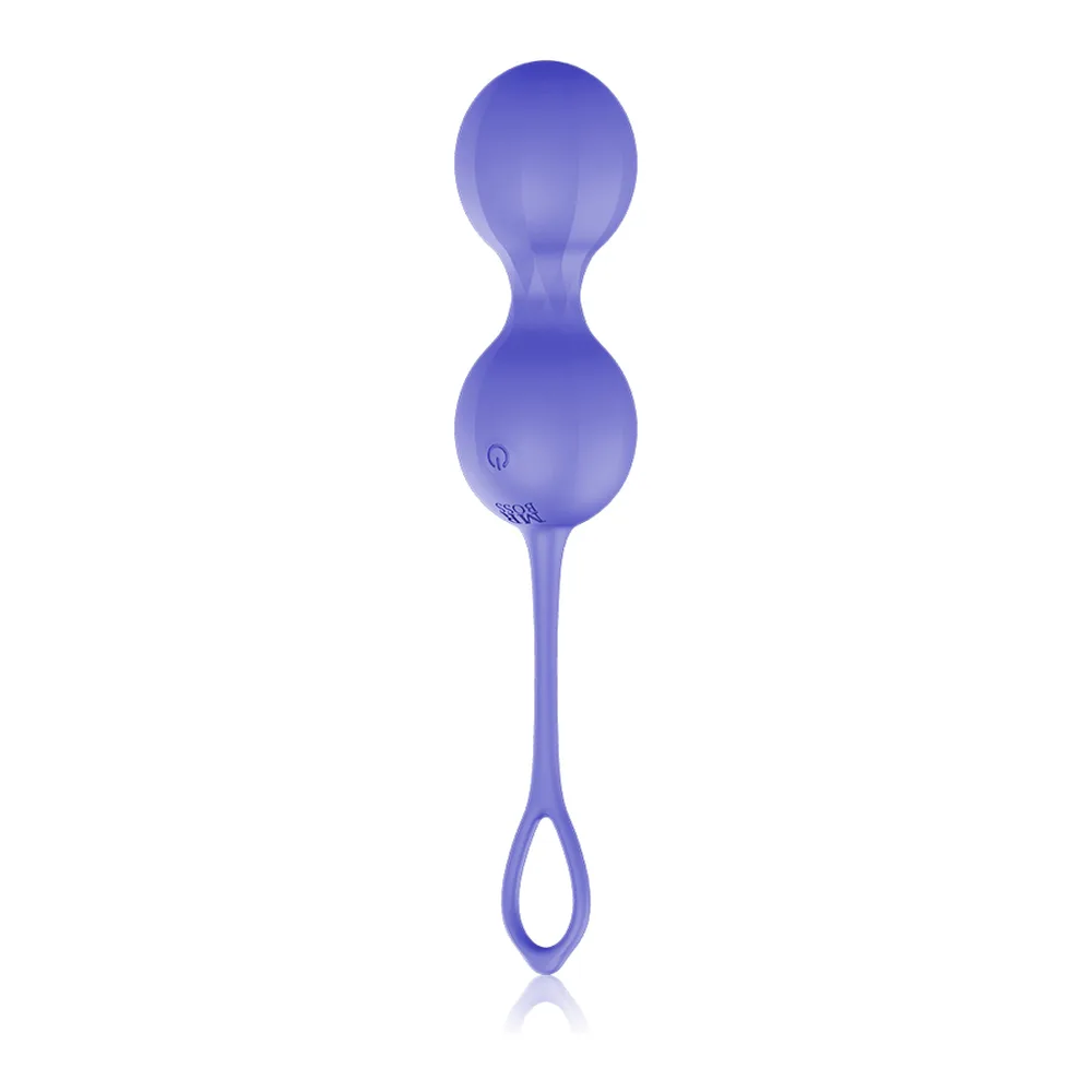 Boules de Geisha en silicone bleu violet, avec deux sphères lisses reliées par une tige mince, sur fond blanc