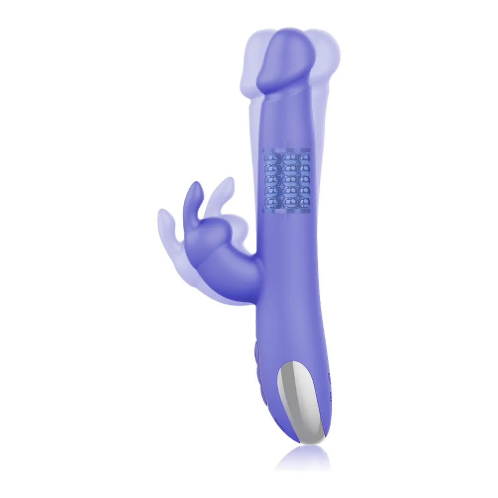 Vibromasseur rotatif en silicone violet avec bras clitoridien, embout pointu et base perlée, fond blanc