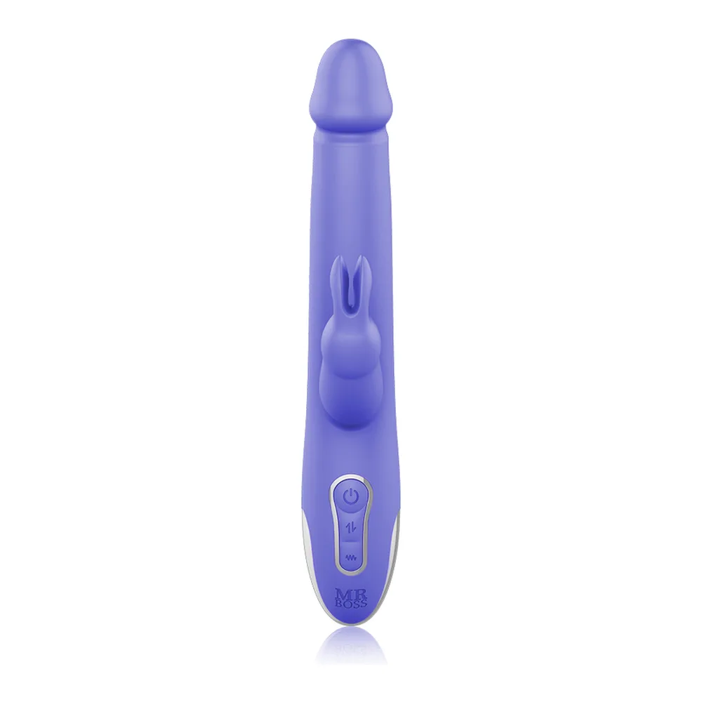 Vibromasseur rotatif en silicone violet avec bras clitoridien, embout pointu et base perlée, fond blanc