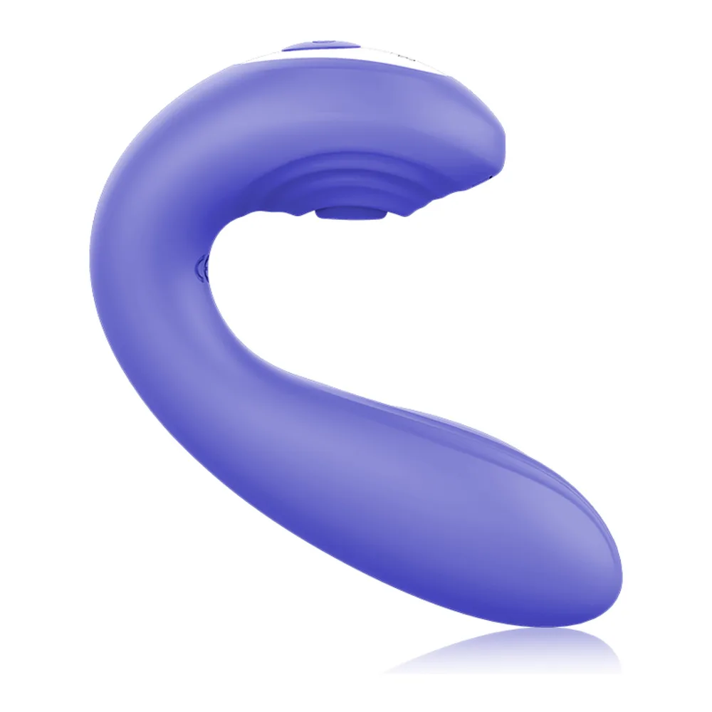 Stimulateur clitoridien violet bleu en silicone, forme incurvée avec pointe fine et base arrondie, fond blanc