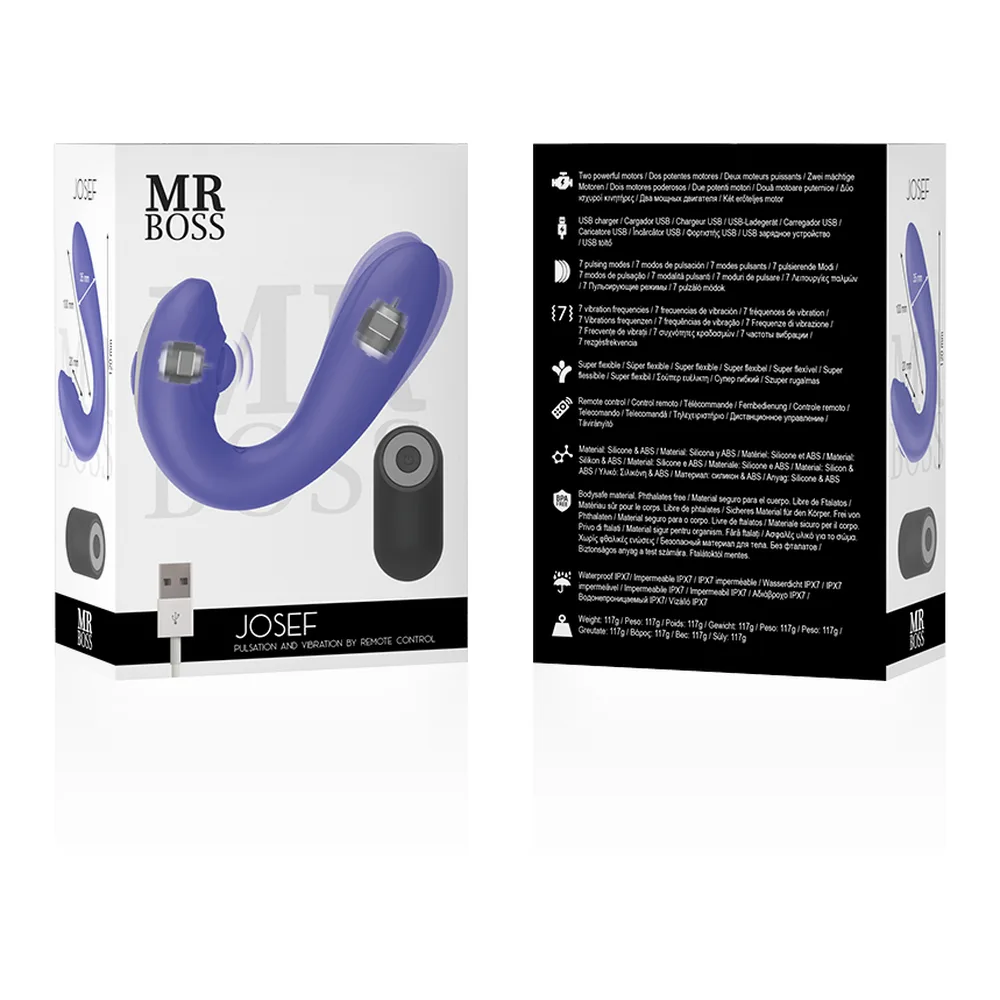 Stimulateur clitoridien violet bleu en silicone, forme incurvée avec pointe fine et base arrondie, fond blanc