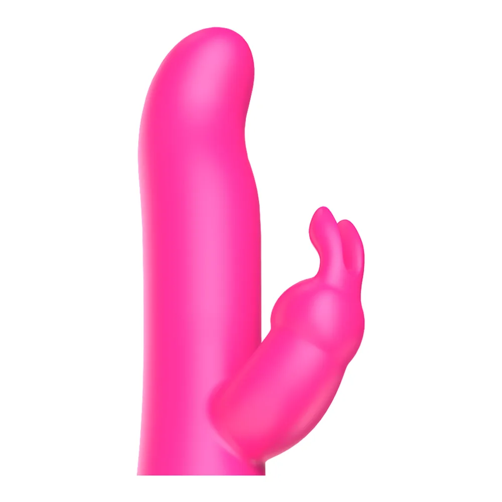 Vibromasseur rabbit rose vif avec stimulateur lapin intégré et pointe turquoise, sur fond blanc