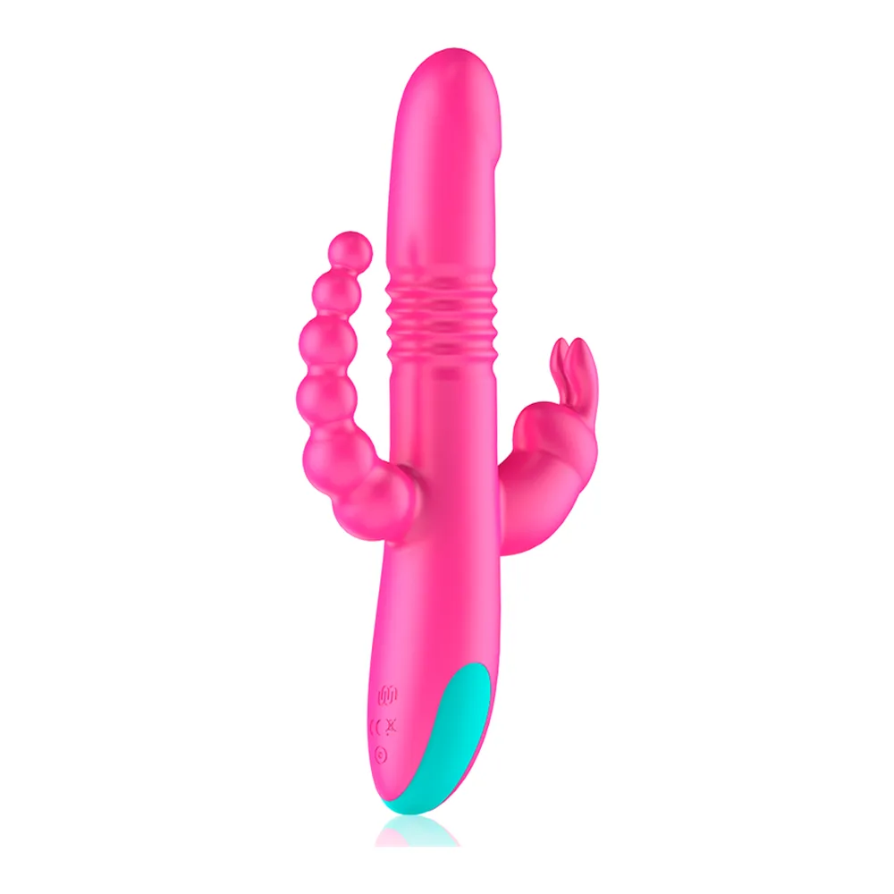 Vibromasseur rose fuchsia en forme de cactus avec perles rotatives sur un bras, stimulateur clitoridien articulé et chapelet anal, commande turquoise à la base, sur fond blanc