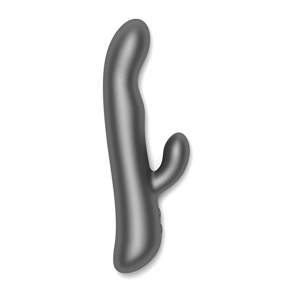 Vibromasseur rabbit gris anthracite avec tige courbée et branches latérales, finition mate satinée, sur fond blanc