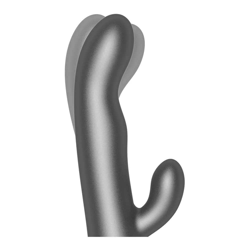 Vibromasseur rabbit gris anthracite avec tige courbée et branches latérales, finition mate satinée, sur fond blanc