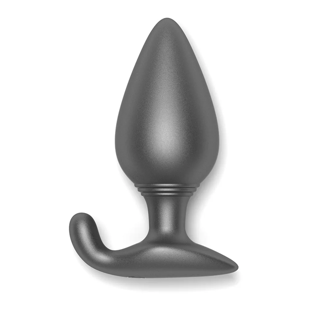 Plug anal gris anthracite en silicone, forme poire bombée, base large aplatie avec ergot latéral, surface lisse et brillante