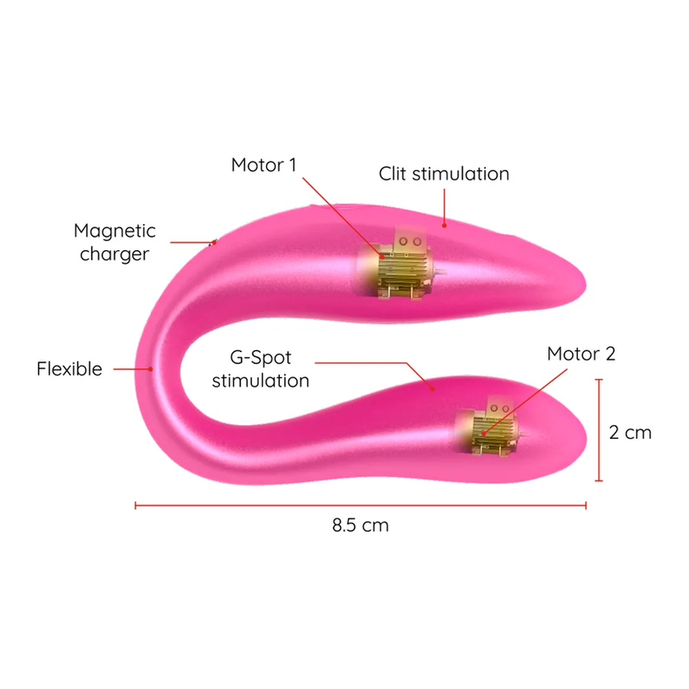 Vibromasseur point G de couleur rose vif en forme de U, avec deux branches arrondies et un revêtement lisse, présenté sur fond blanc