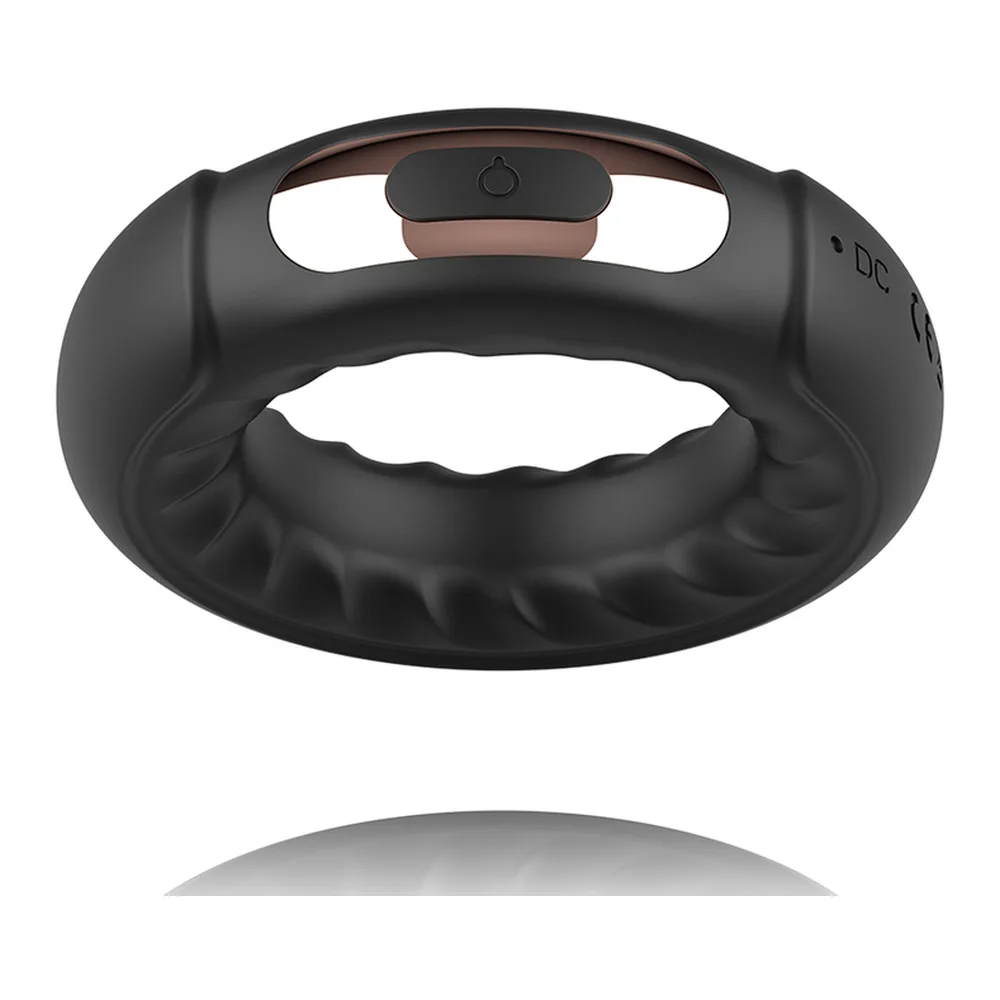 Cockring noir en silicone avec poignée de contrôle intégrée en haut et détails texturés, présenté de face sur fond blanc avec reflet