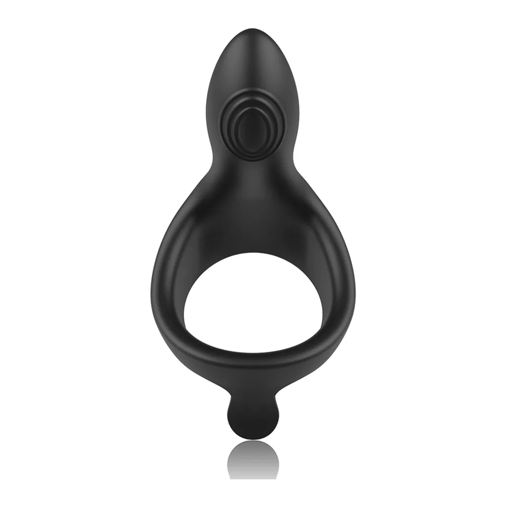 Stimulateur noir et bleu avec forme ergonomique arrondie, vue de profil montrant la courbe du corps qui épouse l'anatomie masculine
