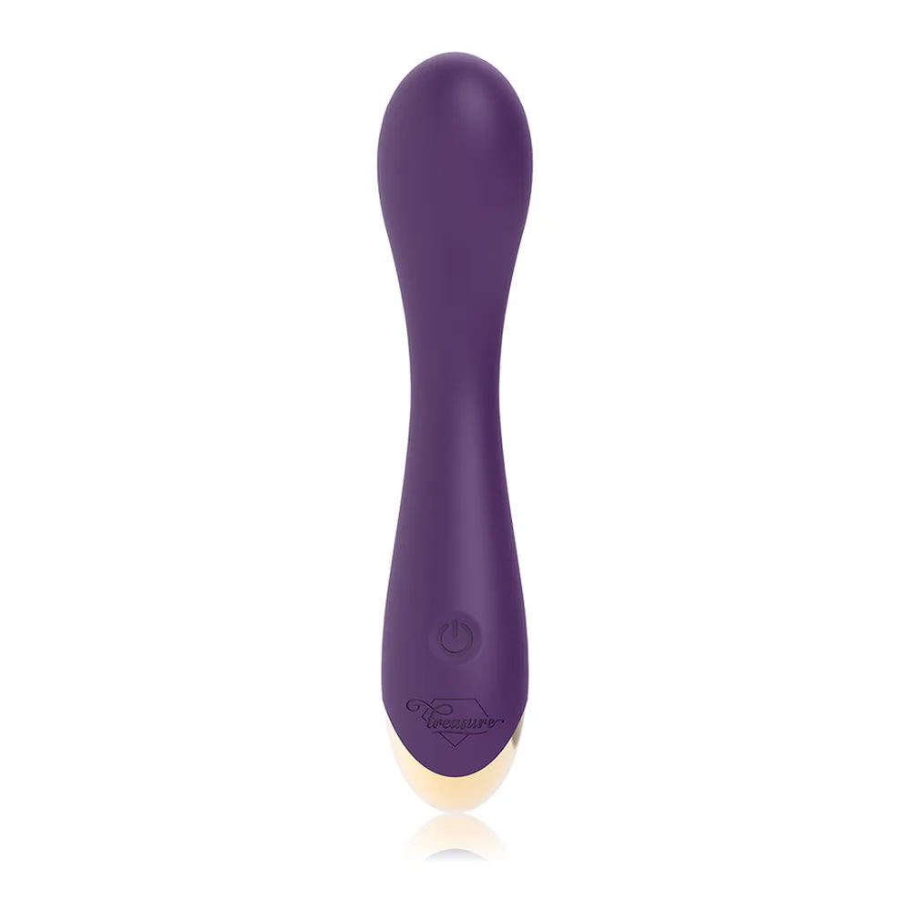 Vibromasseur point G Hansel violet, embase dorée et bouton unique, vue de face sur fond blanc