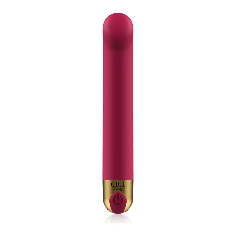 Stimulateur clitoridien en silicone rose foncé, forme cylindrique allongée à extrémité arrondie, base dorée avec logo CICI, fond blanc