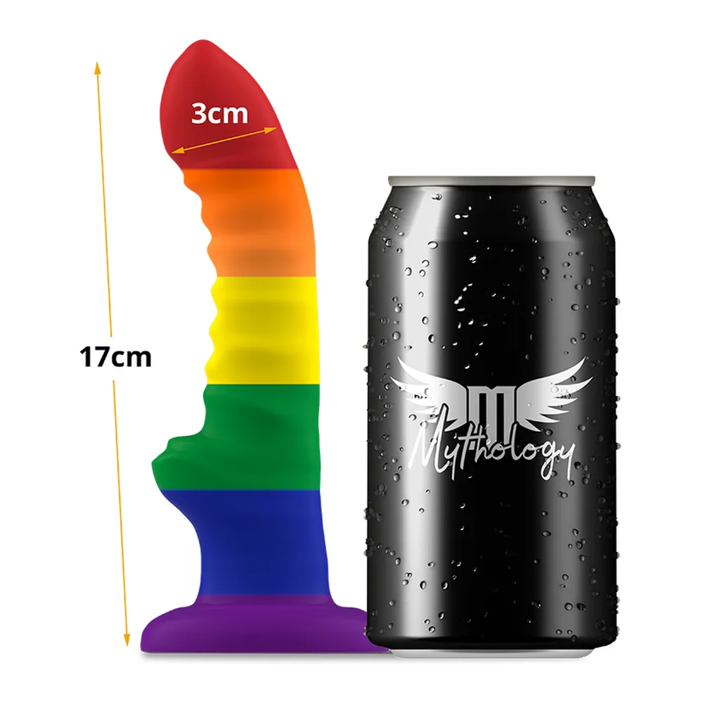Gode en silicone aux couleurs de l'arc-en-ciel, présenté de face et de profil, avec une base ventousée et une tige annelée aux bandes rouge, orange, jaune, vert, bleu et violet