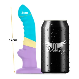Gode silicone turquoise, jaune et mauve avec ventouse, autre vue 2