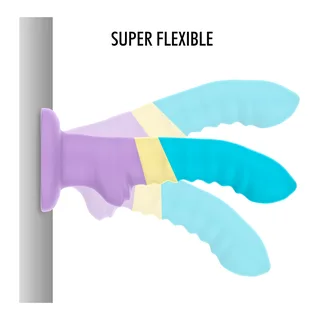 Gode silicone turquoise, jaune et mauve avec ventouse, autre vue 3